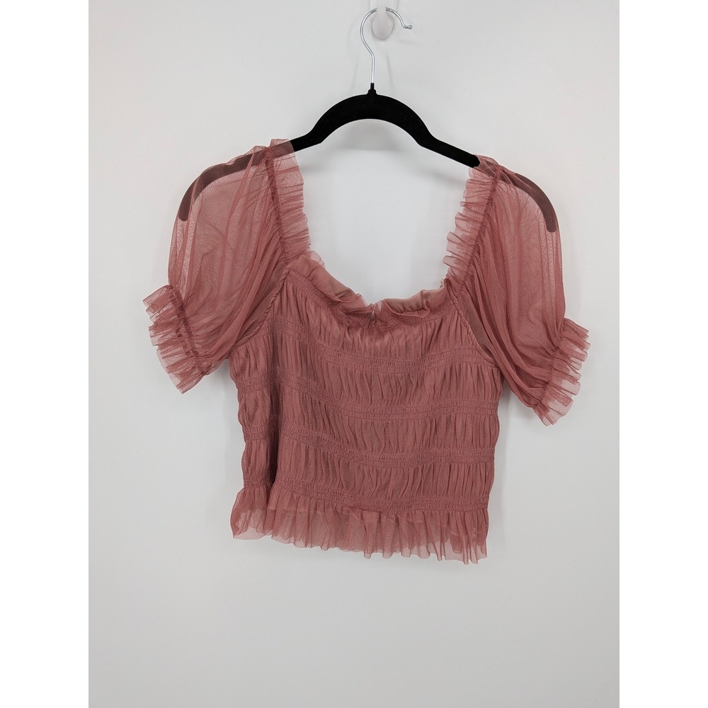 Fairycore Mesh Tulle Crop Top Womens Large Mauve Pink Smocked Ruffle Sheer NWT - Picture 9 of 10